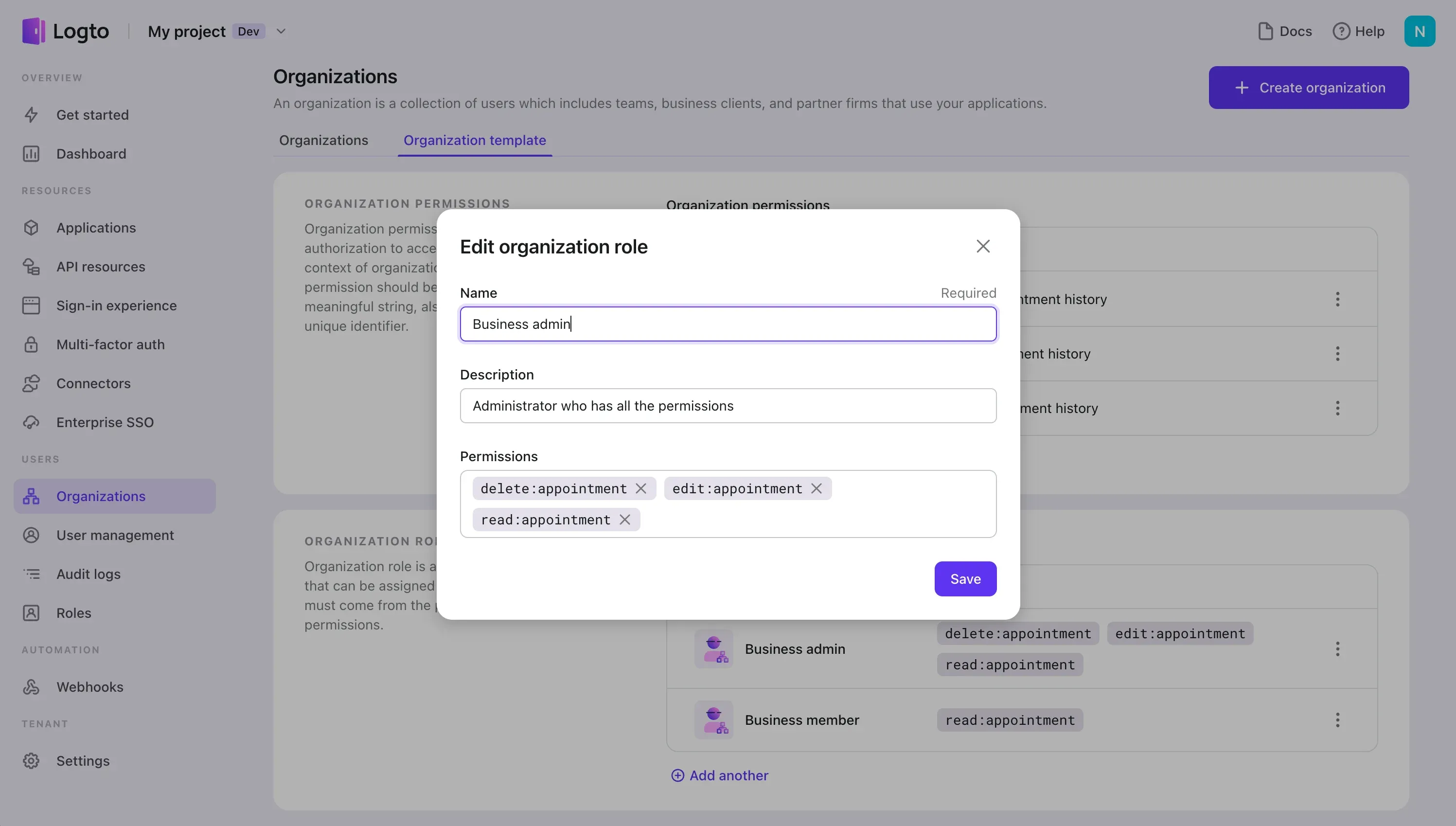 Edit organization role in template