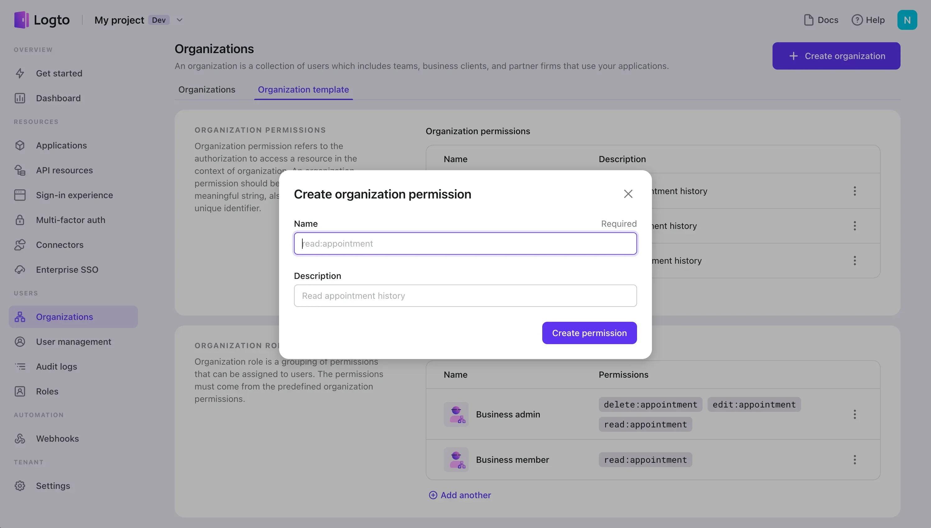 Create organization permission in template