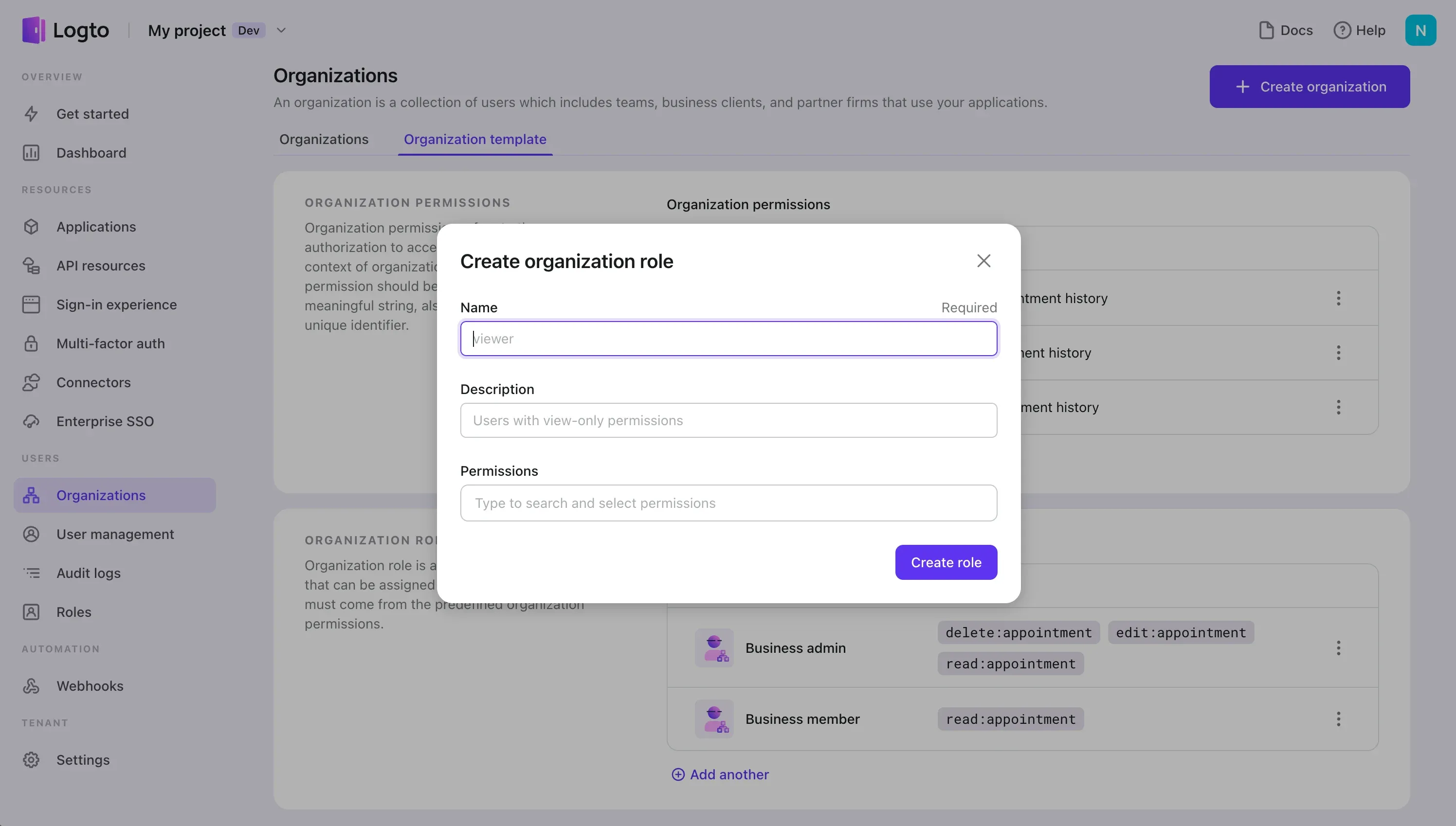 Create organization role in template