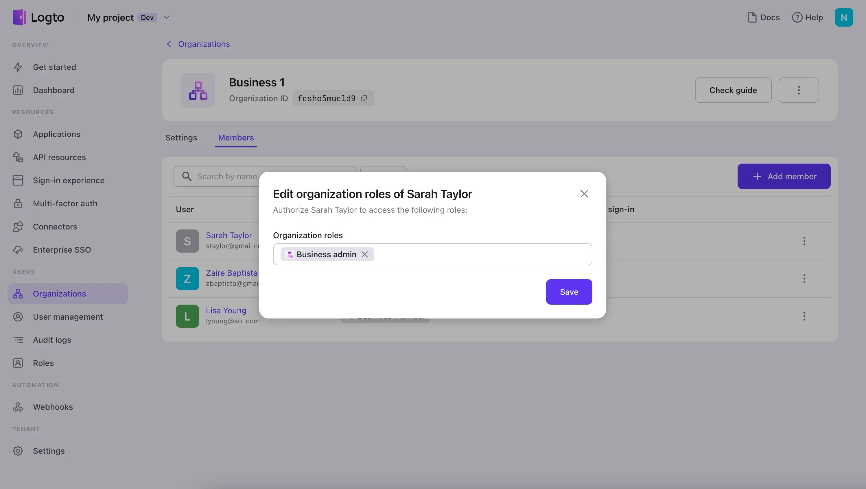 Edit organization role of a specific member