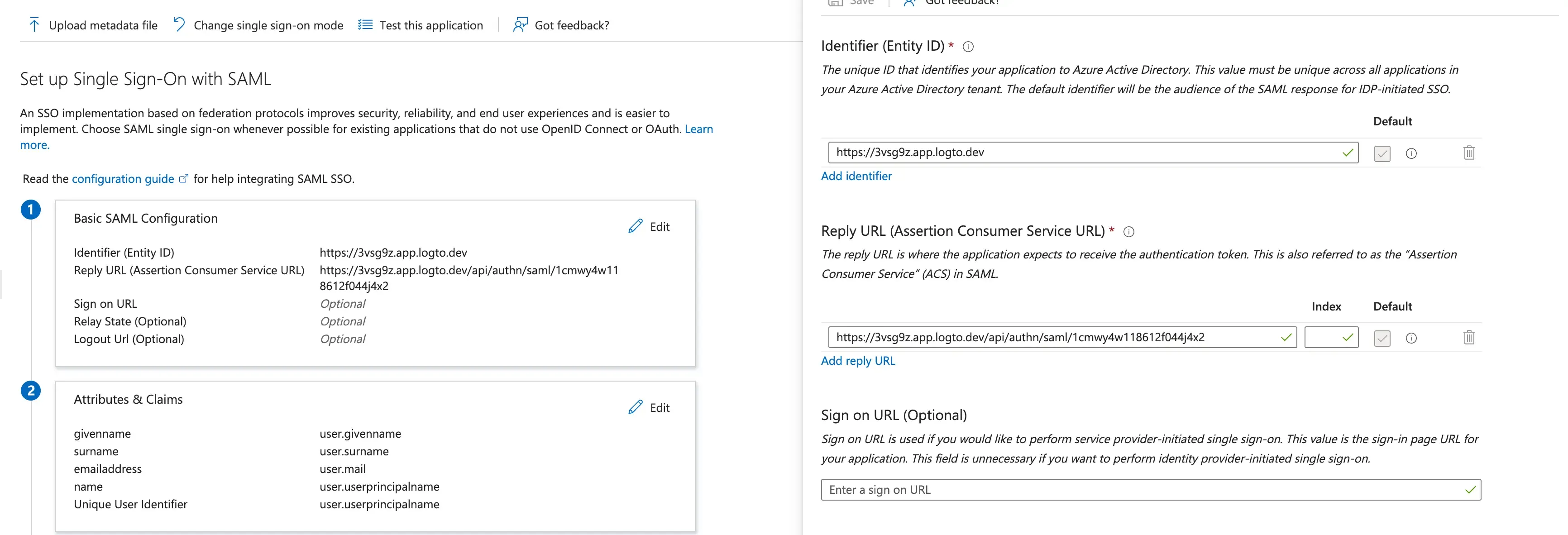 SAML application configuration