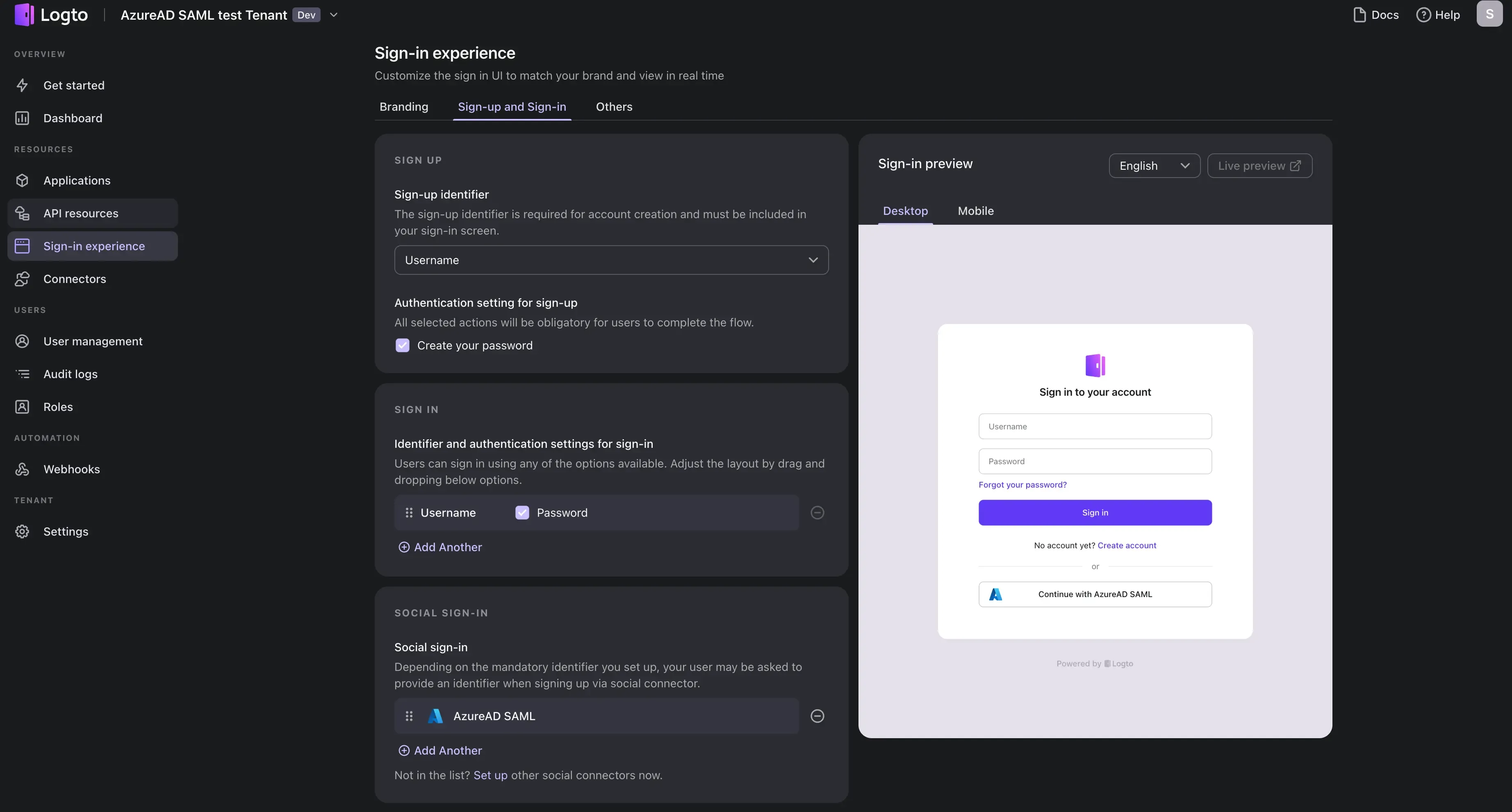 Enable the SAML connector