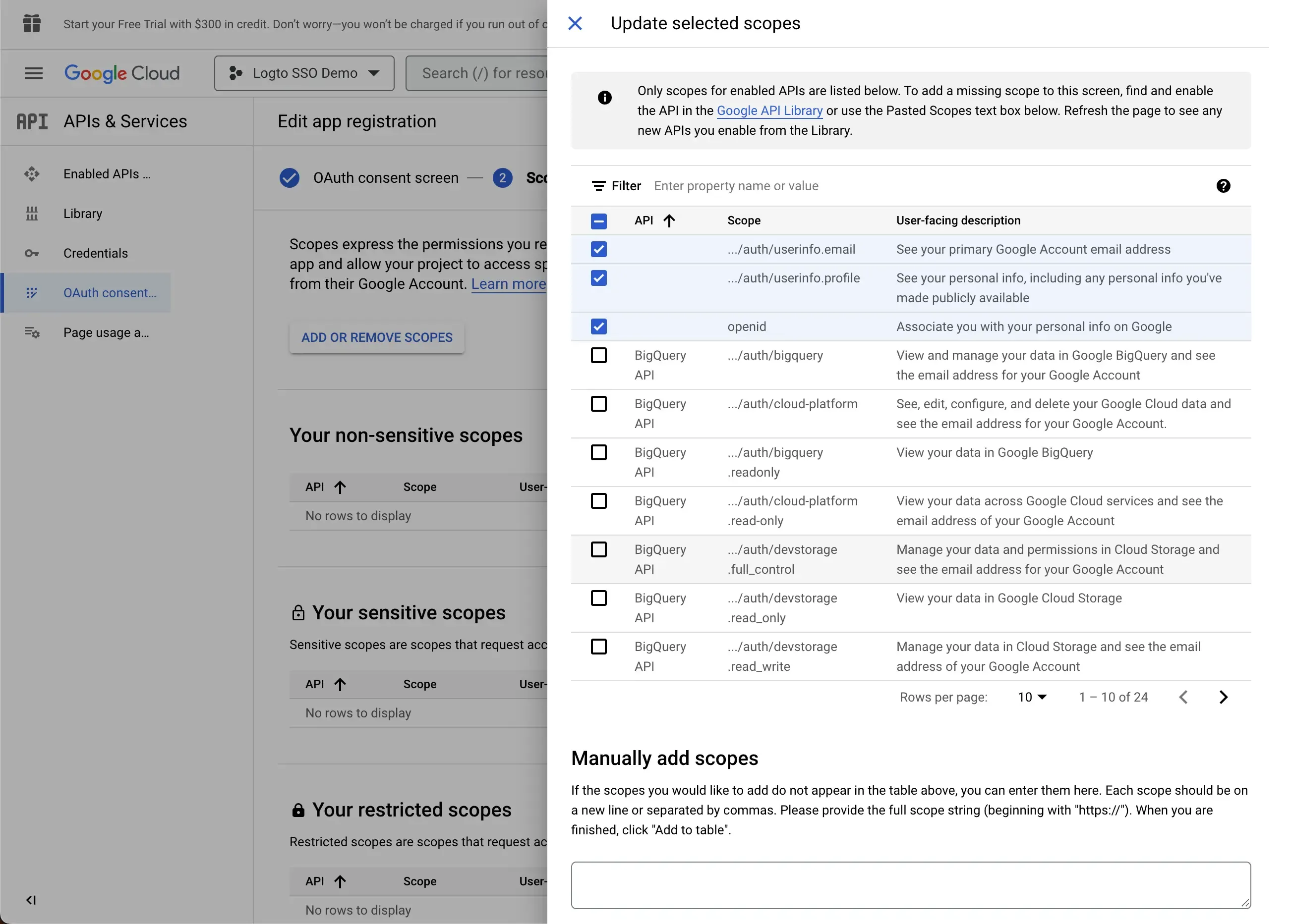 OAuth consent scopes