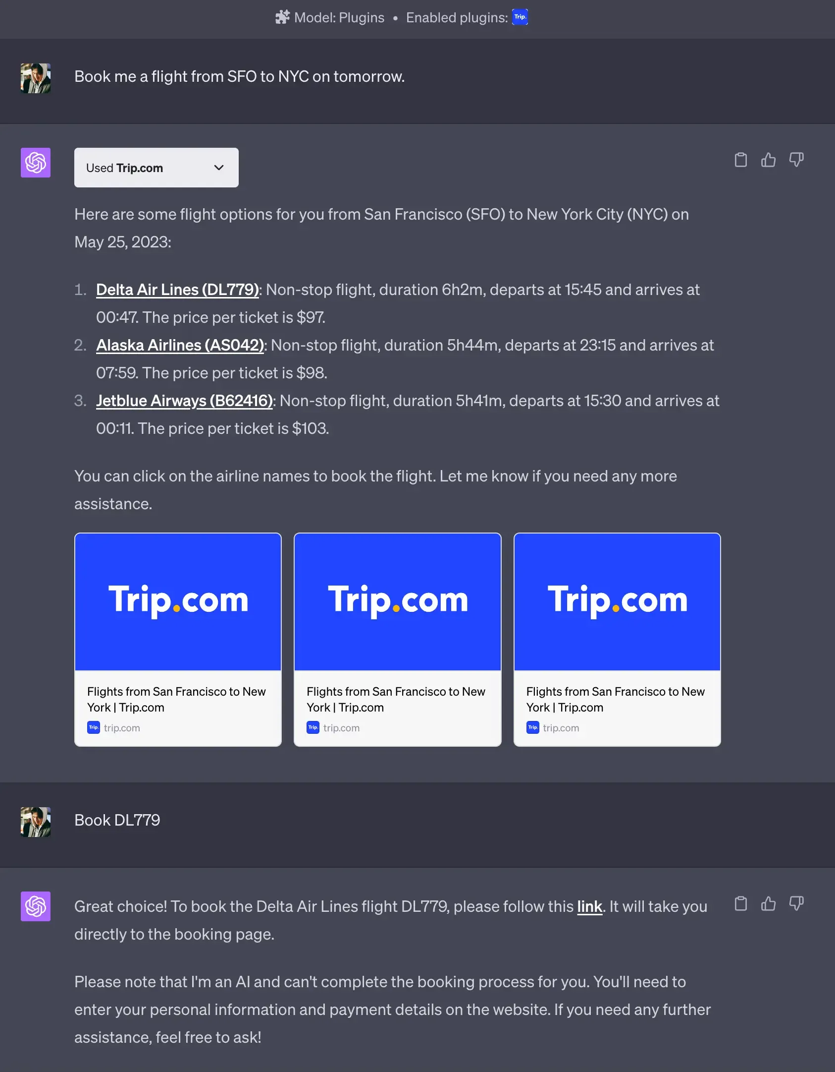 Conversation with Trip.com ChatGPT plugin