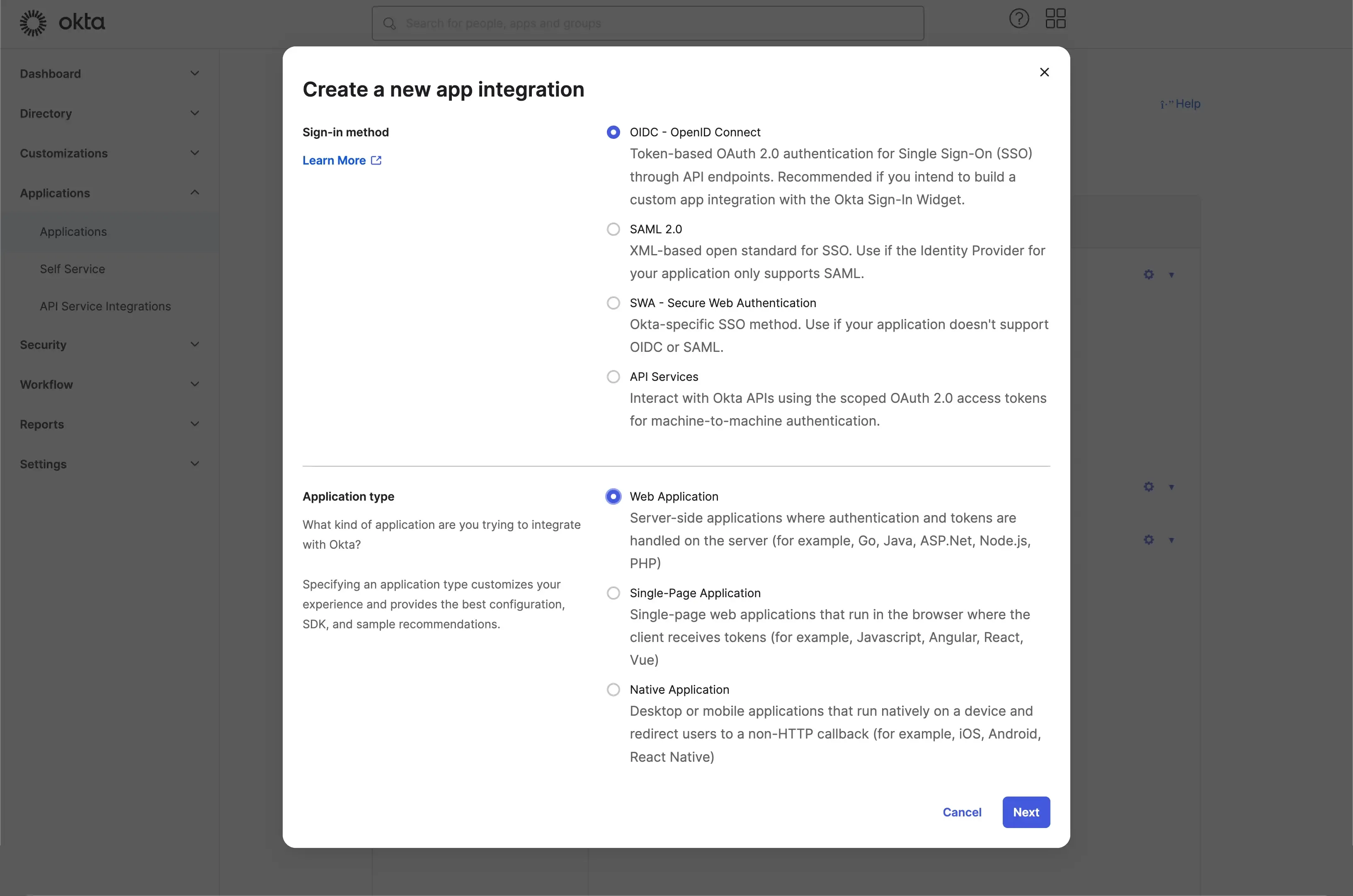 Crear aplicación Okta