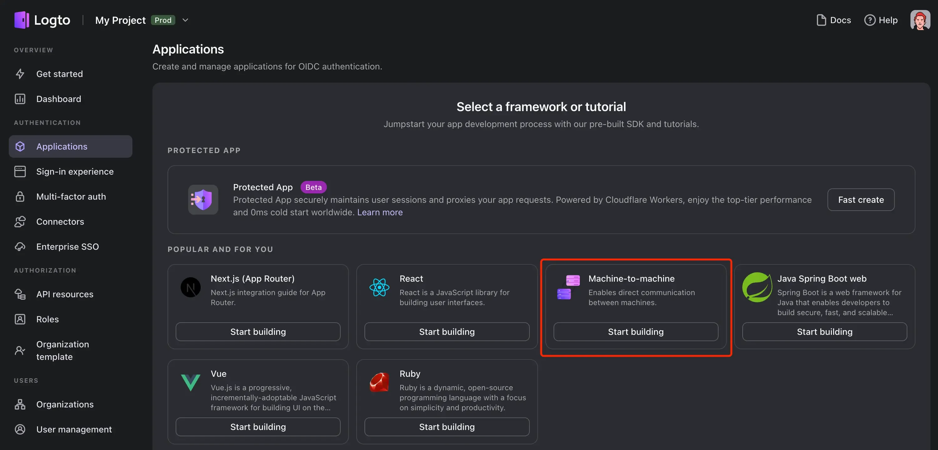 Create machine-to-machine application