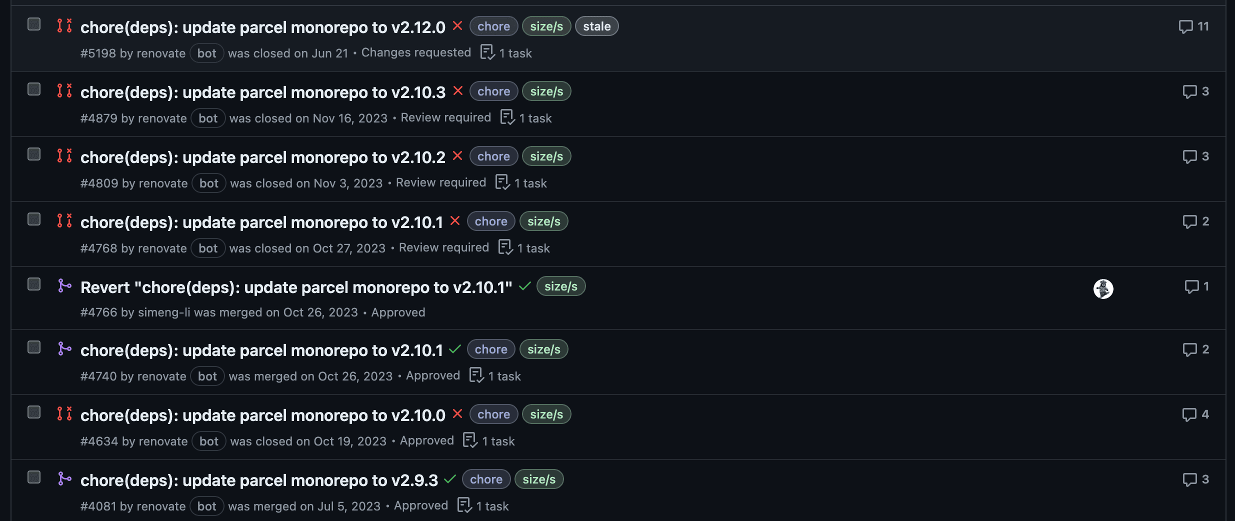 Parcel uppgraderings pull requests