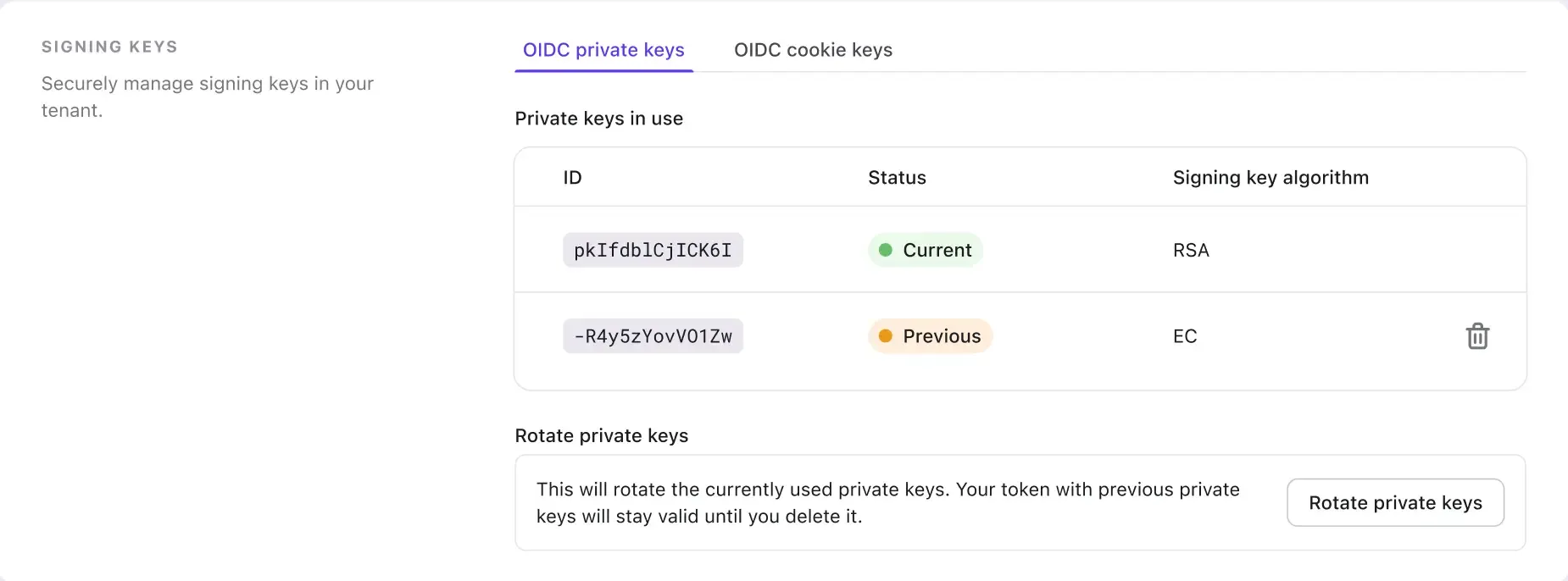 Screenshot dell'interfaccia utente della console per ruotare le chiavi OIDC