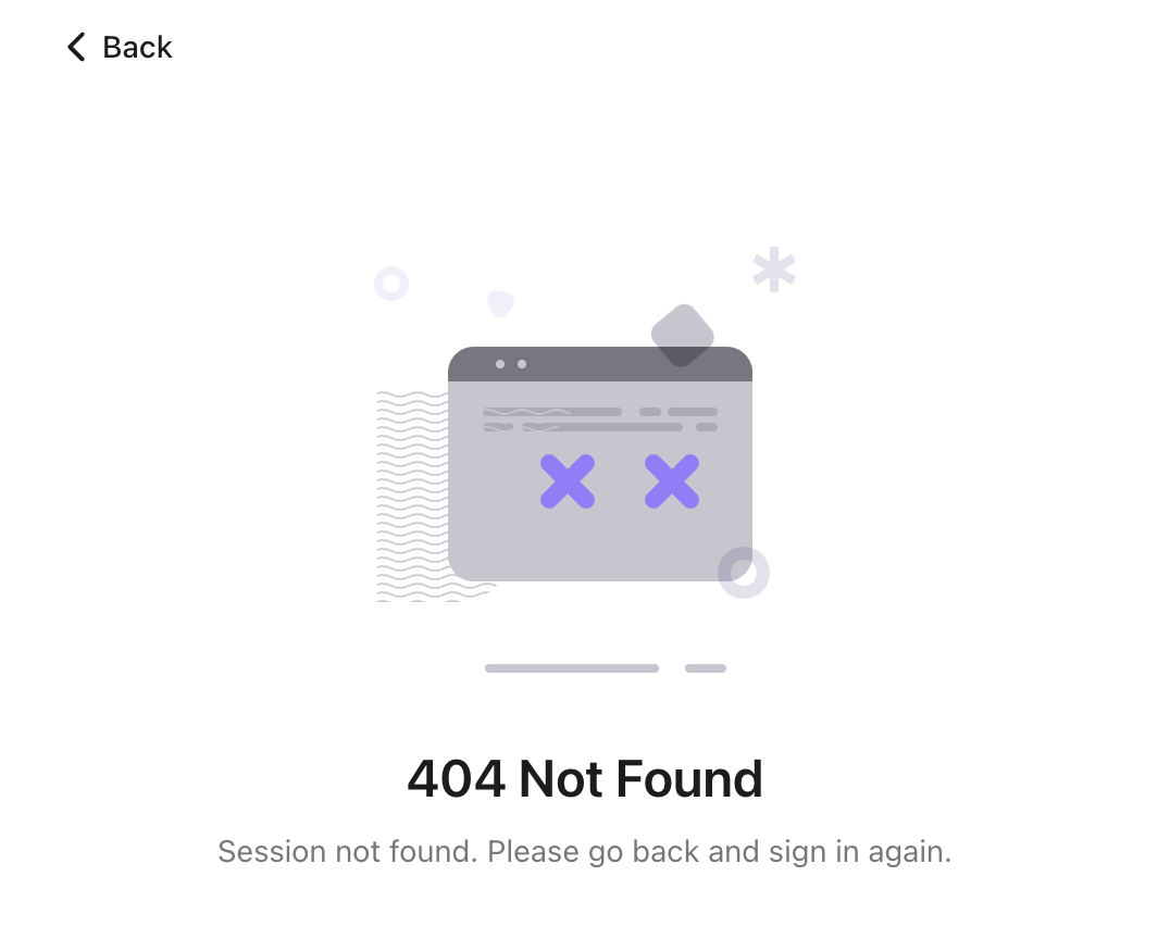 Zrzut ekranu błędu 404 Logto session not found